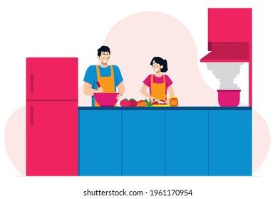 Flat design illustration with young couple cooking together in their kitchen.