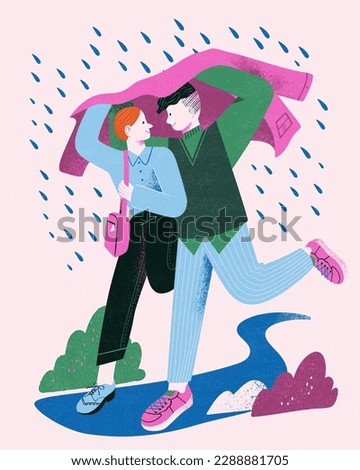Flat design illustration of young couple getting caught in the rain and hiding from rain under one jacket together.