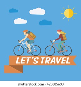 Flat design, Illustration of young couples riding bikes