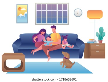 Flat design illustration with young family sitting on their sofa at home.