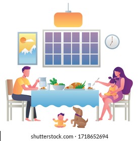 Flat design illustration with young family eating at home.