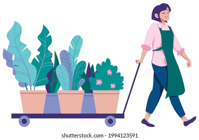 Ilustración de diseño plano de la joven florista llevando carro lleno de flores.