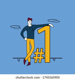 Flat design illustration Young happy businessman winner. 
Man standing next to the symbol number one