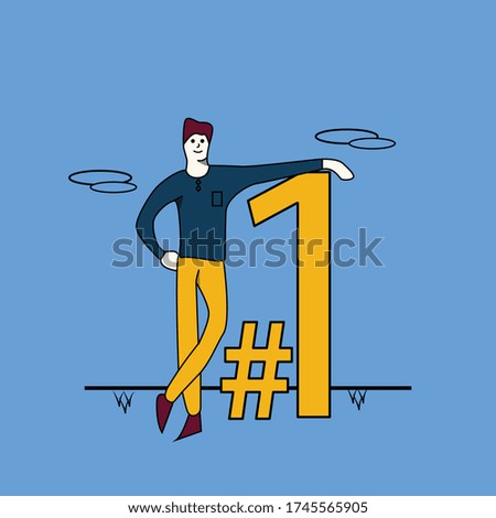 Flat design illustration Young happy businessman winner. 
Man standing next to the symbol number one