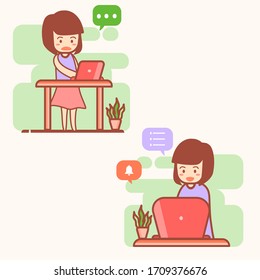 flat design illustration, young lady short hair freelancer, solving problems for customers from her work. Vector.