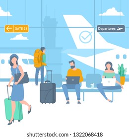 Flat design illustration of young man and women travellers at airport departure area waiting for flight. Webpage promotion and advertising template concept.