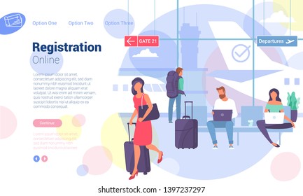 Flat design illustration of young man and women travellers at airport departure area waiting for flight. Webpage promotion and advertising template concept.