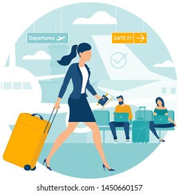 Flat design illustration of young man and women travellers at airport departure area waiting for flight. Webpage promotion and advertising template concept.