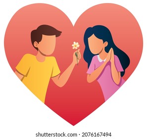 Flat design illustration with young man and young woman in love.