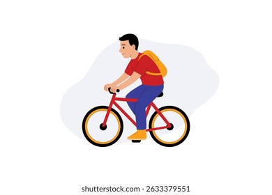 Flat Design Illustration of a Young Man Riding a Bicycle with Backpack