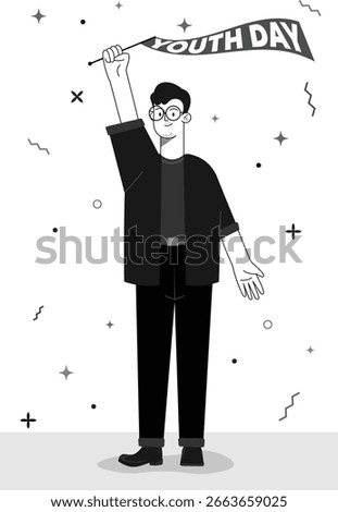 A flat design illustration of a young man character holding a flag to celebrate International Youth Day. Monochrome vector art.