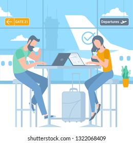 Flat design illustration of young men and women travellers at airport departure area waiting for flight. Freelancers working and ravelling.