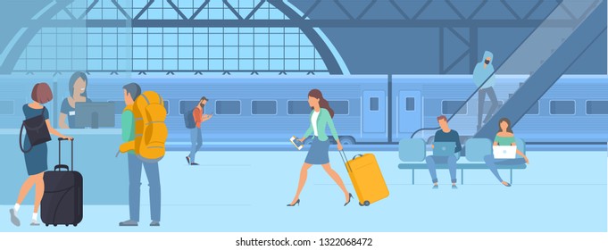 Flat design illustration of young men and women travellers at railway train station  waiting for departure. Webpage promotion and advertising template concept.