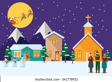 Flat design, Illustration of young people singing Christmas Carols and Flying Santa with reindeer.