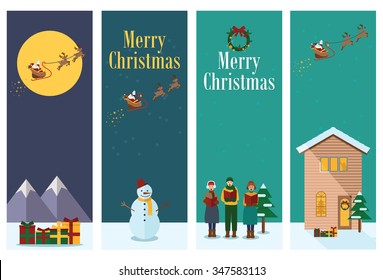 Flat design, Illustration of young people singing Christmas Carols, snow man and Flying Santa with reindeer.