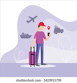 flat design illustration of young traveller looking on his phone with transportation icon on top of it