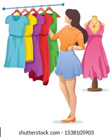 Flat design illustration with young woman choosing a new dress.