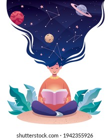 Flat design illustration of a young woman reading a book about astrology or astronomy.