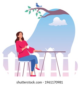 Flat design illustration with young woman relaxing while drinking tea in her garden.