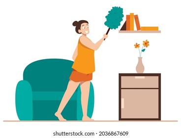 Flat design illustration with young woman dusting her home.