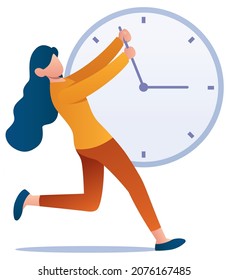 Flat design illustration with young woman trying to bring back the hands of the clock.