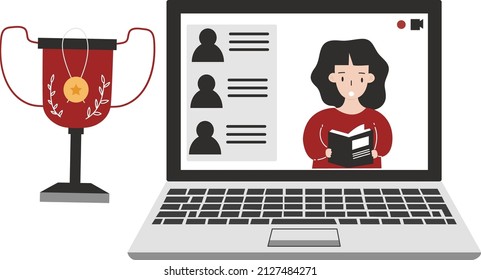 Flat Design Illustration Of Young Woman Doing Online Poem Competition. 