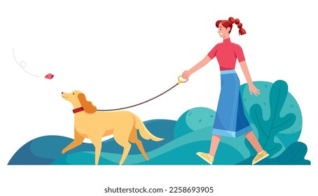 Flat design illustration with young woman walking her dog in the park.