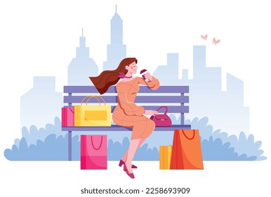 Flat design illustration with young woman resting on bench after a day of shopping.