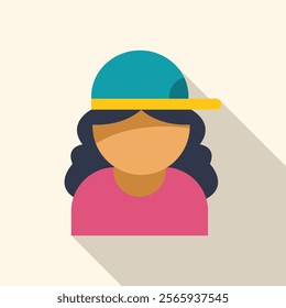 Flat design illustration of a young woman with long black hair wearing a blue and yellow cap