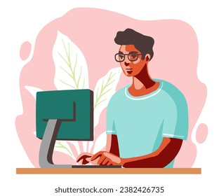 Flat design illustration of a youngman working with computer