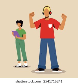 Flat Design Illustration of Youthful Characters, One Celebrating with Headphones and the Other Reading. Vector Art Representing Teen Lifestyle, Music, and Learning