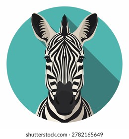 A flat design illustration of a zebras head against a teal circle, featuring a distinct shadow.