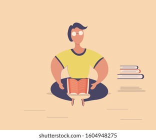Flat Design Illustration.Nation Book Day. Persona Resting Time For Reading Book. Cute Flat Design To Explain Your Feeling On The Banners Or Websites.