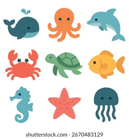 Ilustraciones de diseño plano de animales en el mar