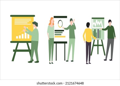ilustraciones de diseño plano del conjunto de conceptos de tablero de rendimiento empresarial, el gerente explica los logros de negocio a equipo, entrenador de líderes, infografía. Diseño de vectores