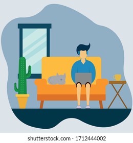 ilustraciones de diseño plano, ilustraciones que representan trabajo desde casa y acompañadas de una mascota