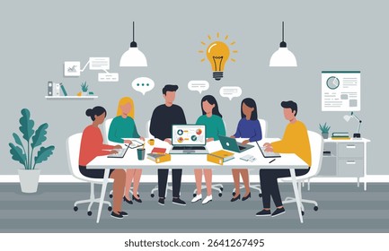 Flat design illustrations of diverse business teams in meetings, brainstorming sessions, and collaborative work, surrounded by lightbulbs and ideas. Perfect for business presentations, articles etc