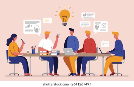 Flat design illustrations of diverse business teams in meetings, brainstorming sessions, and collaborative work, surrounded by lightbulbs and ideas. Perfect for business presentations, articles etc