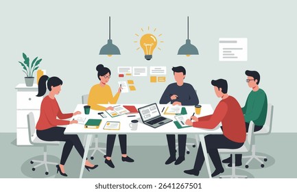 Flat design illustrations of diverse business teams in meetings, brainstorming sessions, and collaborative work, surrounded by lightbulbs and ideas. Perfect for business presentations, articles etc