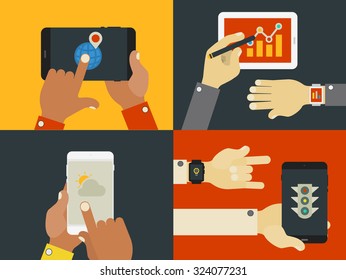 Flat design illustrations with hands holding mobile devices, smartphones, tablets and smart-watches svg