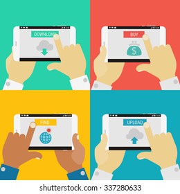 Flat design illustrations with hands holding mobile devices, smartphones and tablets