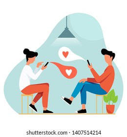 Diseño plano ilustraciones de la atmósfera romántica charlando con un smartphone con su pareja
