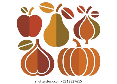Flat design illustrations of various autumnal fruits and vegetables including apple pear onion and pumpkin