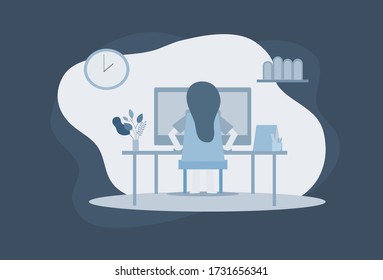 Flat design illustrator Back of women working with Computer on table and decoration around object. as clock, frame, flower vase, calendar. Work from home concept. Stay home concept.