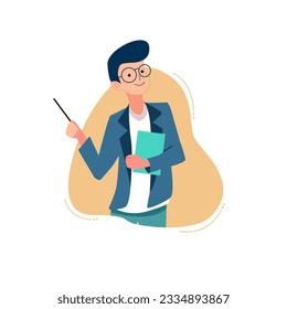 flat design ilustration male teacher holding a notebook and pointing to the side
