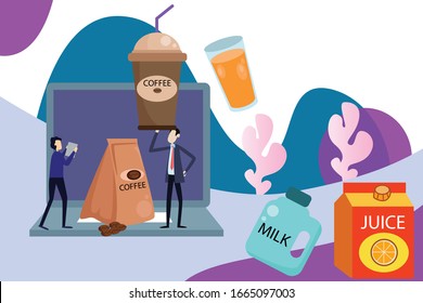 Flat design Ilustration vector template, landing page background  drink concept, coffee, milk, juice.