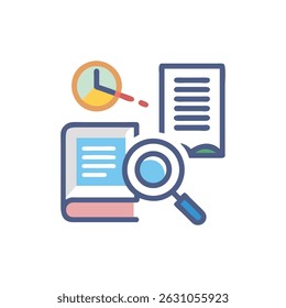 Flat design image depicting data analysis using a magnifying glass, book, document and pie chart. The style is clean and professional.