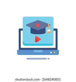 A flat design image depicting online learning with graduation cap on computer monitor featuring play button for educational courses.