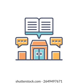 A imagem de design plano representa um edifício com um livro aberto e bolhas de fala. Possui linhas simples, cantos arredondados e composição balanceada.