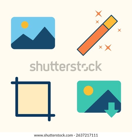 Flat Design Image Editing Icons Including Picture Preview, Magic Wand Tool, Crop Frame, and Download Symbol